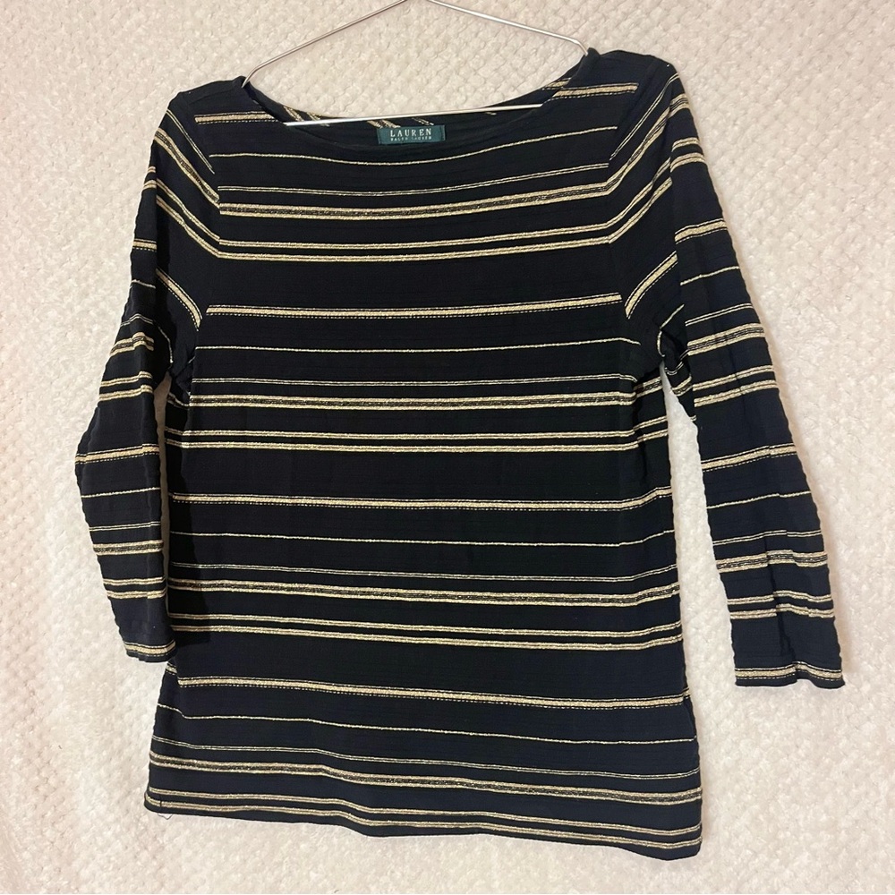 Lauren Ralph Lauren Navy Black & Gold Striped Boatneck Cotton Blend Womens MED